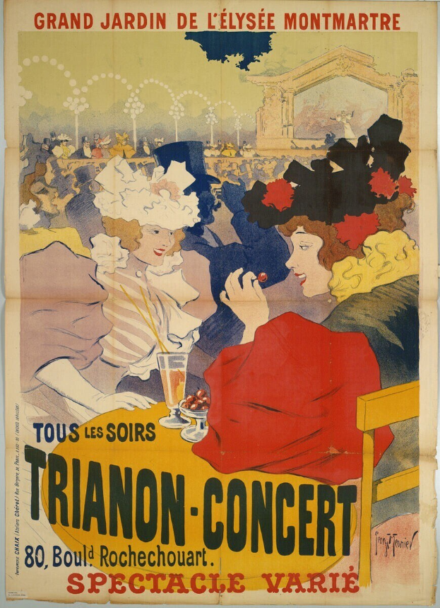 Plakat für ein Trianon-Konzert im Grand Jardin de L'Elysée Montmartre, das eine Gruppe von Menschen zeigt, die um einen Tisch mit Gläsern und Gegenständen sitzen und stehen.