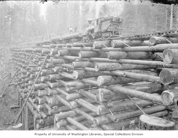 Schwarzes und weißes Foto eines Holzfäller-Lkw, der neben einem Holzstapel in einem bewaldeten Gebiet geparkt ist, mit ein paar Menschen auf den Holzstämmen und Bäumen im Hintergrund.