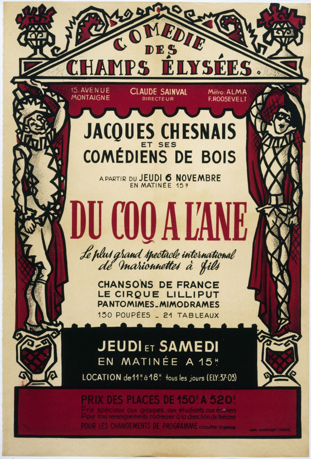 Comedy-Show-Plakatwerbung für die Champs-Élysées in Paris, mit Text und Bildern.