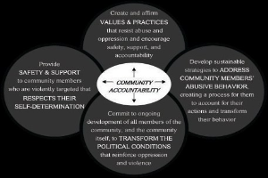 Ein Diagramm mit der Bezeichnung "Gemeinschaftsverantwortung", das einen zentralen Kreis zeigt, der durch Pfeile mit drei überlappenden Kreisen verbunden ist, alles in fetter Schrift vor einem hellen, leuchtenden Hintergrund.