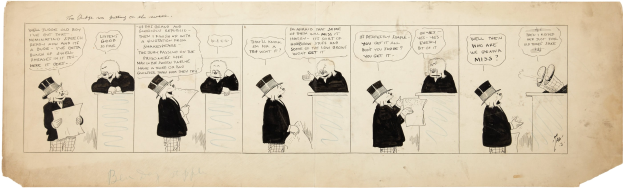 Ein Comic-Strip-Panel mit einem Mann in einem Zylinder und einer Frau in einem Kleid, die sich in einer Diskussion befinden, wobei der Mann ein Stück Papier mit Text hält.