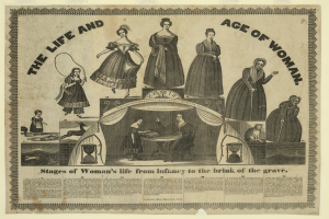 Eine farbenfrohe Papierreproduktion, die die Phasen des Lebens einer Frau von der Kindheit bis ins hohe Alter zeigt, mit deutlicher Schrift und detaillierten Elementen.