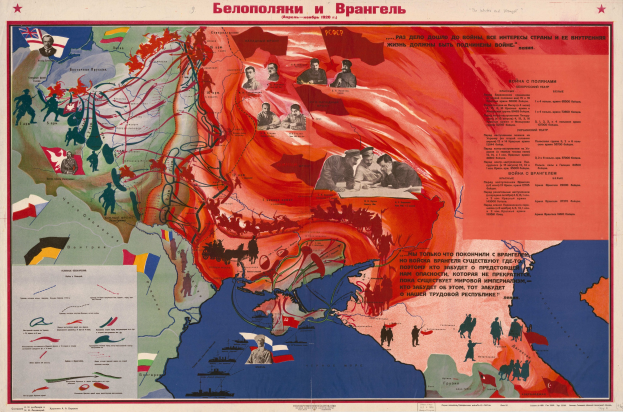 Ein Plakat, das Karten des sowjetischen Reichs und des russischen Reichs vergleicht, mit Bildern und Texten über den Krieg.