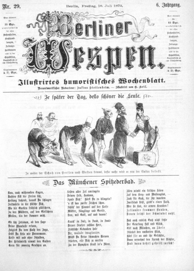 Alte Zeitung mit der Überschrift "Berliner Wespen" vom Juli 1873 mit einer Karikatur eines verzweifelten Mannes mit Zylinder und einer Frau in einem Kleid.