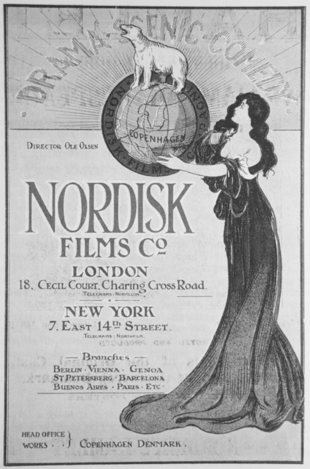 Plakatwerbung für Nordisk Films Co. London mit einer Frau in einem langen Kleid mit einem menschlichen Gesicht und Text, der die Dienstleistungen des Unternehmens bewirbt.