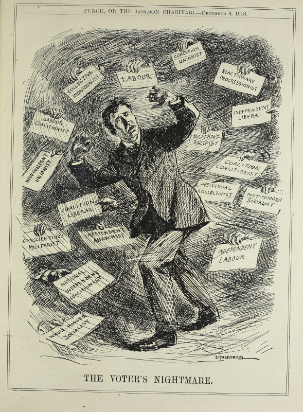 Eine Zeichnung eines Mannes in Anzug und Krawatte, der ein Schild hält, auf dem steht "Der Wähler-Albtraum" und einen entschlossenen Gesichtsausdruck hat.