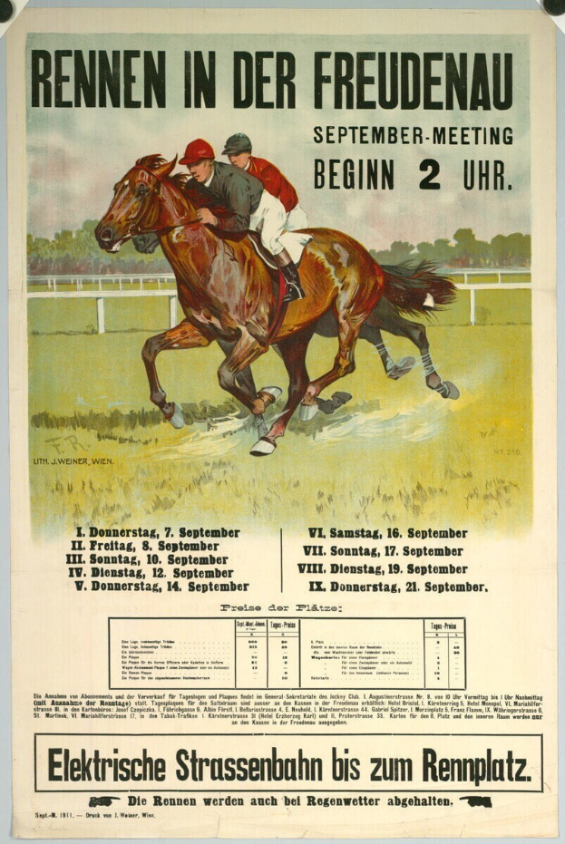 Plakat für ein Pferderennen in Deutschland, das zwei Reiter auf Pferden im Vordergrund mit Bäumen im Hintergrund und Text zeigt, der Renninformationen enthält.