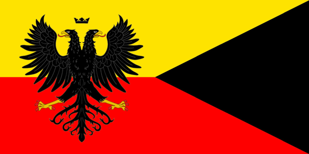Die Flagge Deutschlands mit einem schwarzen Doppeladler in der Mitte, dessen Flügel gespreizt und Kopf erhoben ist, vor drei horizontalen Streifen Rot, Gelb und Weiß.