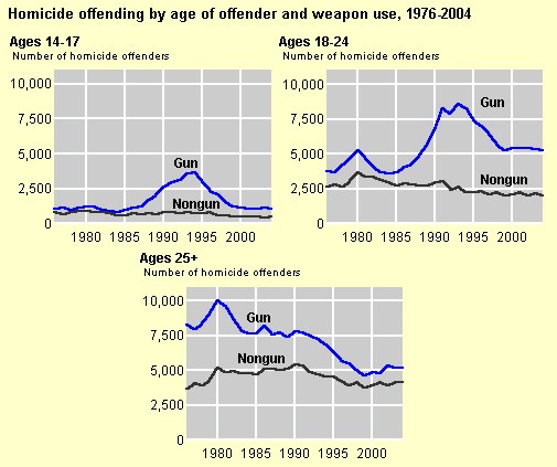 Balkendiagramm, das die Homicid-Offending-Rate nach Alter des Täters und Waffentyp von 1976 bis 2004 zeigt, mit begleitendem erklärendem Text.