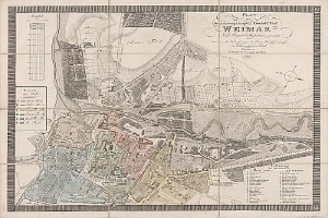 Alte detaillierte Karte von Weimar, Deutschland, mit Straßen, Gebäuden und beschrifteten Sehenswürdigkeiten.