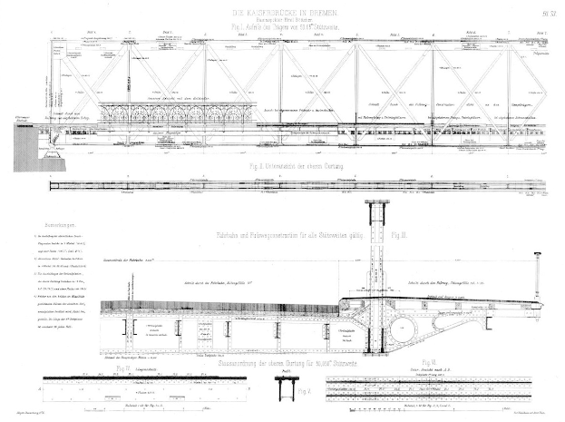 Eine detaillierte Zeichnung einer Brücke, einschließlich der Kaiserbrücke in Bremen, begleitet von Text auf dem Papier.
