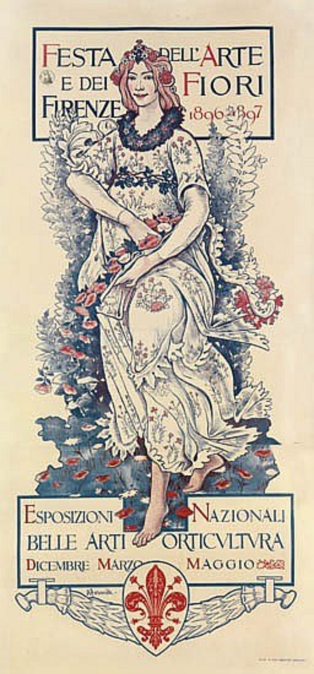 Plakat für ein italienisches Festival mit einer Frau in einem langen weißen Kleid mit einem hohen Kragen, Haar zu einem Dutt gebunden und einem sanften Ausdruck vor einem hellblauen Hintergrund mit schwarzer, fetter Schrift.