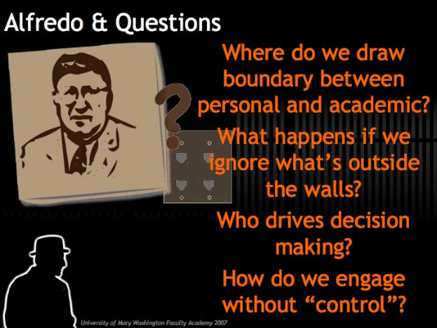 Ein Plakat mit einem Bild von Alfredo und Text, der Fragen zu Grenzen, Entscheidungsfindung und Engagement stellt.