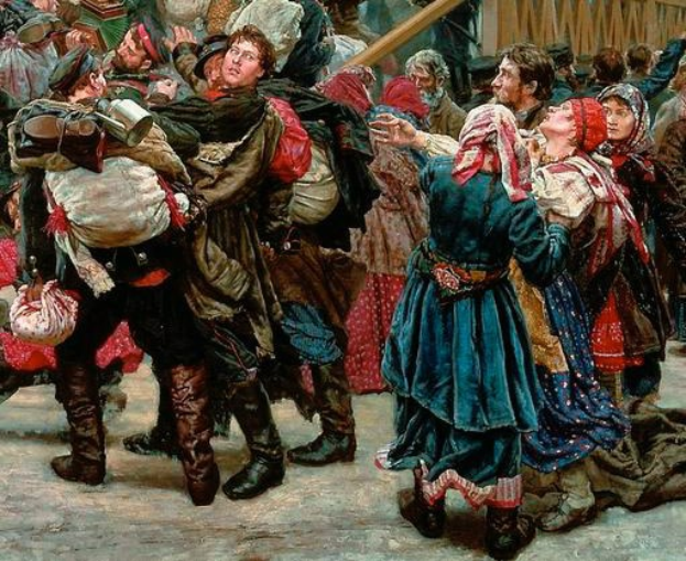 Gemälde zeigt eine Gruppe von Menschen in traditioneller russischer Kleidung vor einer Menge, die Gegenstände halten, vor einem hölzernen Haus im Hintergrund während einer lebendigen, festlichen Szene aus der russischen Revolution.