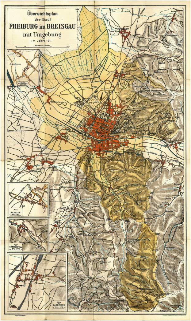 Detaillierte alte Karte von Freiburg, Deutschland, mit Text oben und unten, die Straßen, Gebäude und Sehenswürdigkeiten zeigt.