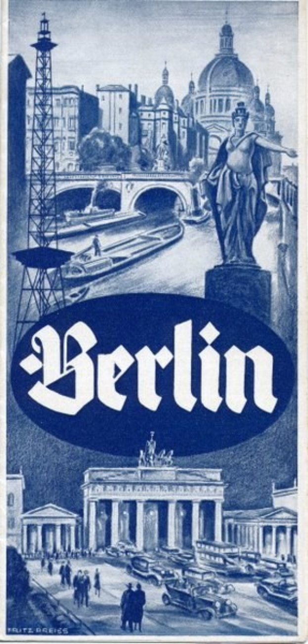 Plakatwerbung Berlin, Deutschland, mit einer Statue, Gebäuden, einem Turm, Menschen, Fahrzeugen auf der Straße und einer Brücke mit Text, der Informationen über die Stadt enthält.
