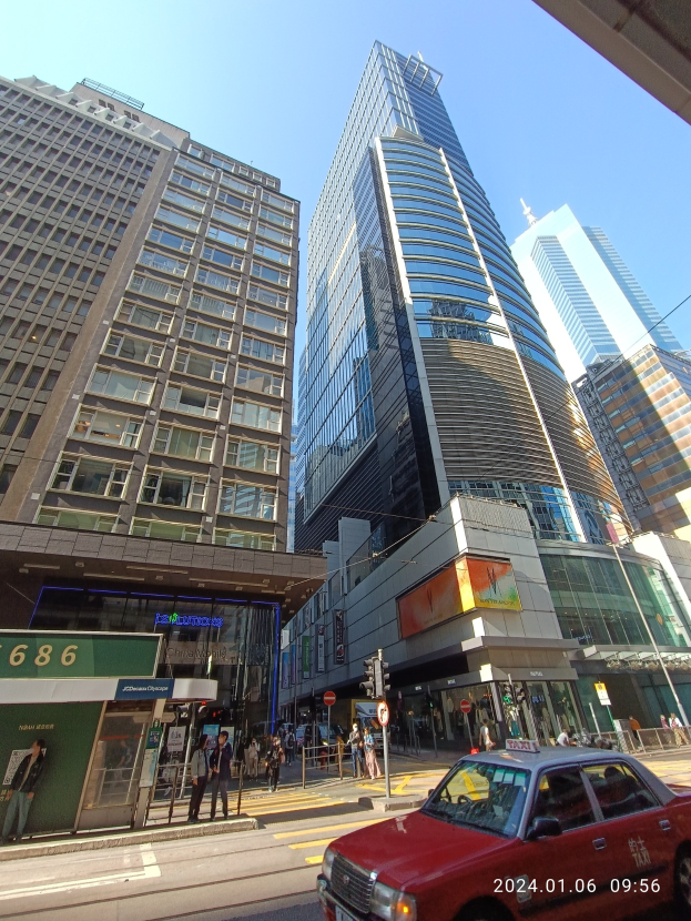 Roter Wagen auf einer Stadtstraße mit hohen Wolkenkratzern, Fußgängern auf dem Gehweg, Verkehrsampeln und Schildern unter einem sichtbaren Himmel.