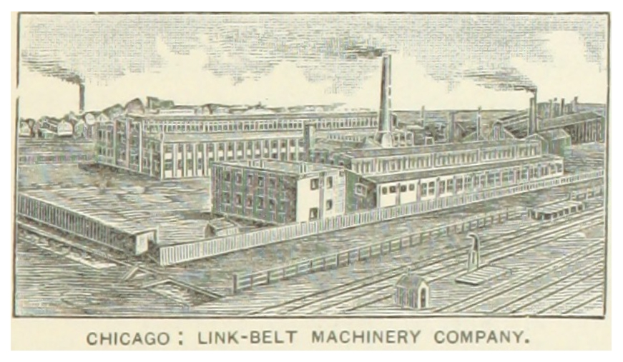 Ein Vintage-Plakat der Chicago Link-Belt Machinery Company, das industrielle Gebäude, Eisenbahnschienen und Rauch aus Schornsteinen zeigt, mit Text am unteren Rand.