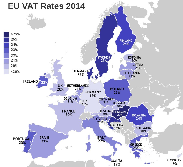 Eine Europakarte, die die EU-Mehrwertsteuersätze von 2014 mit Prozentangaben und Textbeschriftungen zeigt.