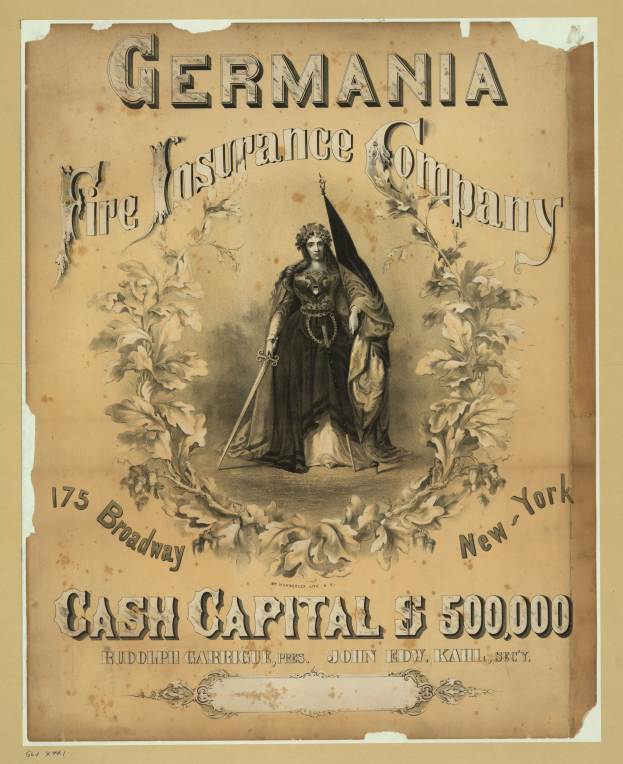 Eine Werbeanzeige für die Germania-Feuer-Versicherungsgesellschaft aus vergangenen Zeiten, die ein zentrales Bild einer Frau zeigt, mit Texten, die die Dienstleistungen der Gesellschaft beschreiben.