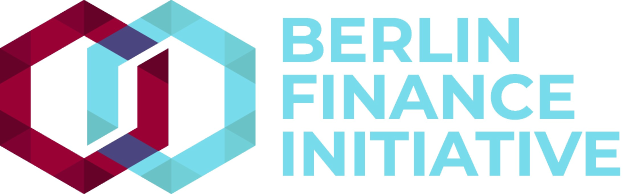 Logo der Berliner Finanzinitiative mit einem blauen Kreis mit weißer Umrandung und einem weißen 'B' in der Mitte, umgeben von einem weißen Ring mit blau-weißem Karomuster, alles auf einem weißen Hintergrund.