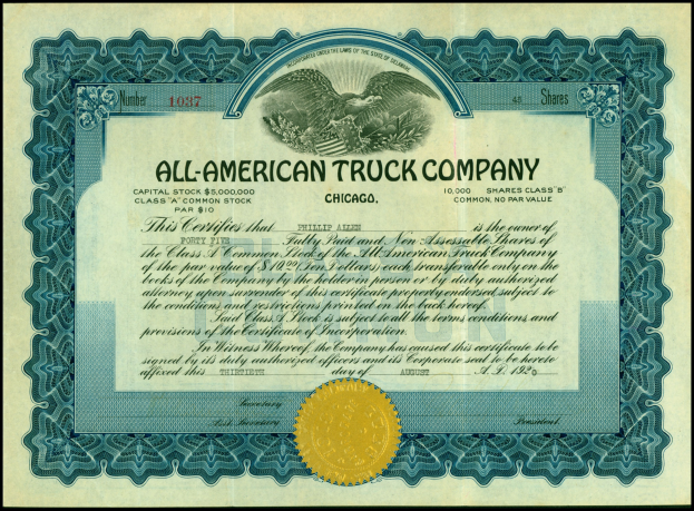 Aktienurkunde der All-American Truck Company mit schwarzem Rand und goldenem Siegel in der Mitte, die Text enthält, einschließlich des Unternehmensnamens, Datums und weiterer Details.