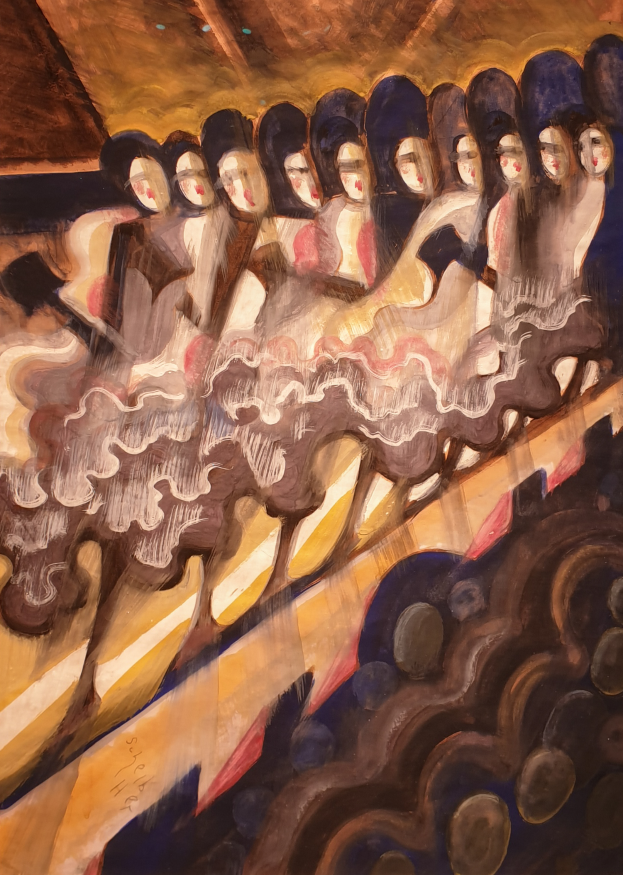 Ein Gemälde einer Gruppe von Frauen, die auf einer Bühne tanzen, tragen farbenfrohe Kleider und haben die Arme erhoben, beleuchtet von Scheinwerfern gegen eine Wand im Hintergrund.