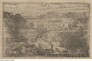 Eine Gravur einer Farmszene mit arbeitenden Menschen, umgeben von Bäumen, Häusern, Hügeln und Himmel, mit Text unten.