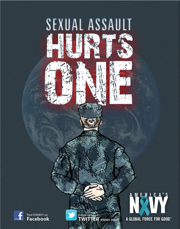 Ein Plakat mit einer Person in militärischer Uniform in der Mitte, umgeben von Logos und fetter schwarzer Schrift, die "Sexual Assault Hurts One" lautet und Stärke und Resilienz vermittelt.