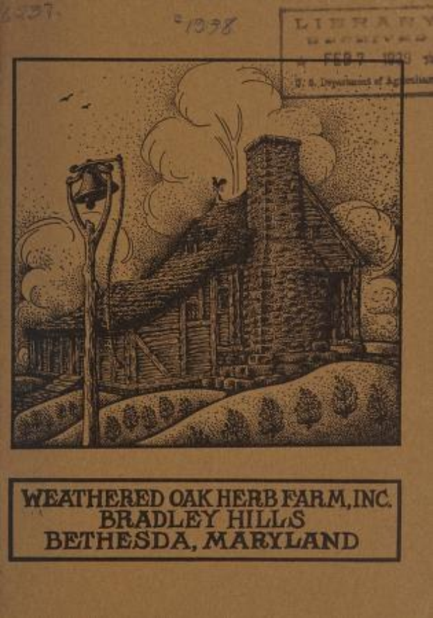 Alter Buchumschlag mit einer verwitterten Eichenkrautfarm in Bradley Hills, Bethesda, Maryland, mit einem Haus umgeben von grüner Wiese und Vögeln am Himmel, und dem Text "Weathered Oak Herb Farm, Inc."