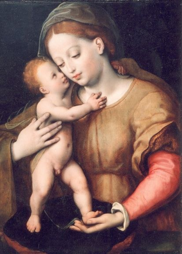 Gemälde 'Madonna und Kind' von Giovanni Bellini zeigt eine Frau in einem weißen Gewand, die ein Baby auf dem Arm hält, vor einem dunklen Hintergrund, beide mit sanften Gesichtern.