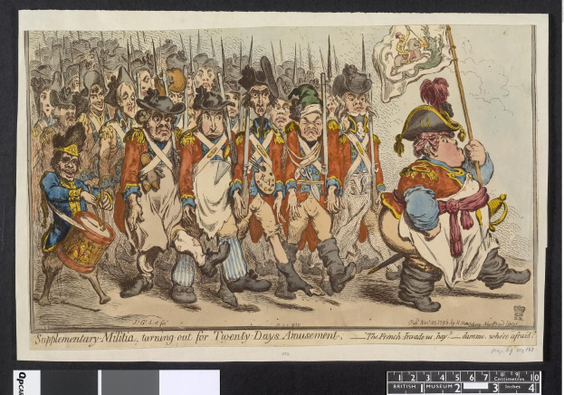 Gruppe von Männern in Militäruniformen, die eine Straße entlangmarschieren, einer hält einen Stock, mit der Bildunterschrift "Zusätzliche Miliz, die sich für zwanzig Tage Amüsement versammelt".