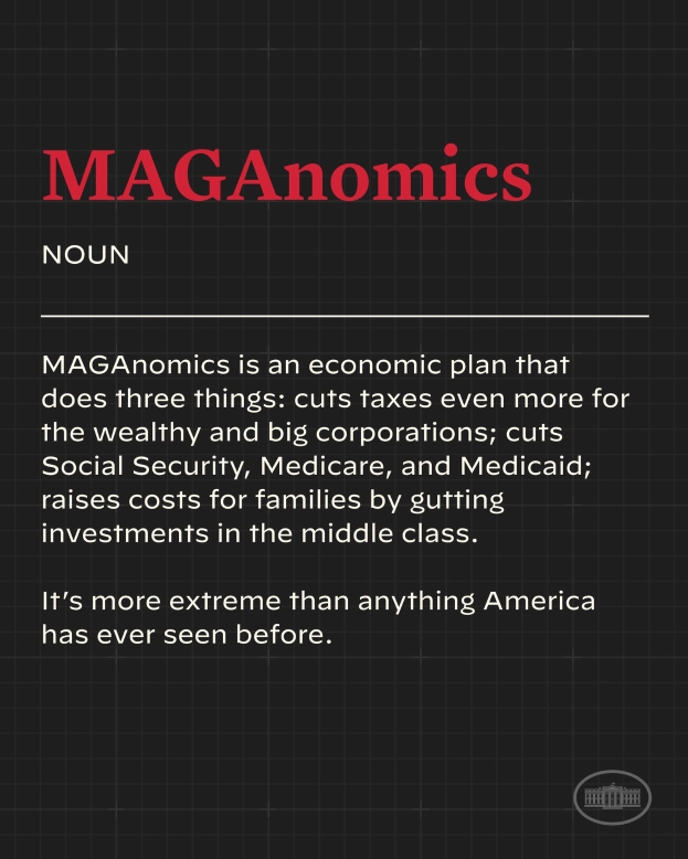 Plakat mit fettem schwarzem Text auf weißem Hintergrund, eingerahmt von einem schmalen schwarzen Rand, das 'Maganomics: Ein Wirtschaftsplan, der drei Dinge tut - Steuern weiter für Wohlhabende und Großunternehmen senken.' zeigt.