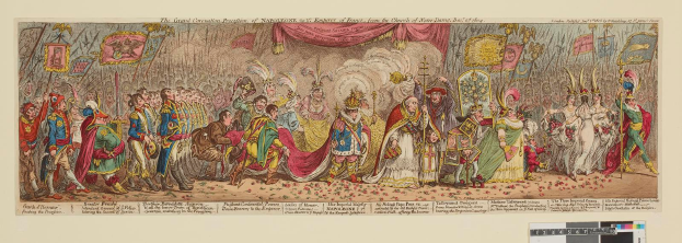 Eine Gruppe von Menschen in farbenfrohen Kostümen steht vor einer Bühne mit einem Vorhang, die den Großen Karneval von Napoleon, dem Kaiser von Frankreich, aus der Kirche Saint-Denis, Dezember 1785, feiern, wobei einige Fahnen und Dekorationen halten.