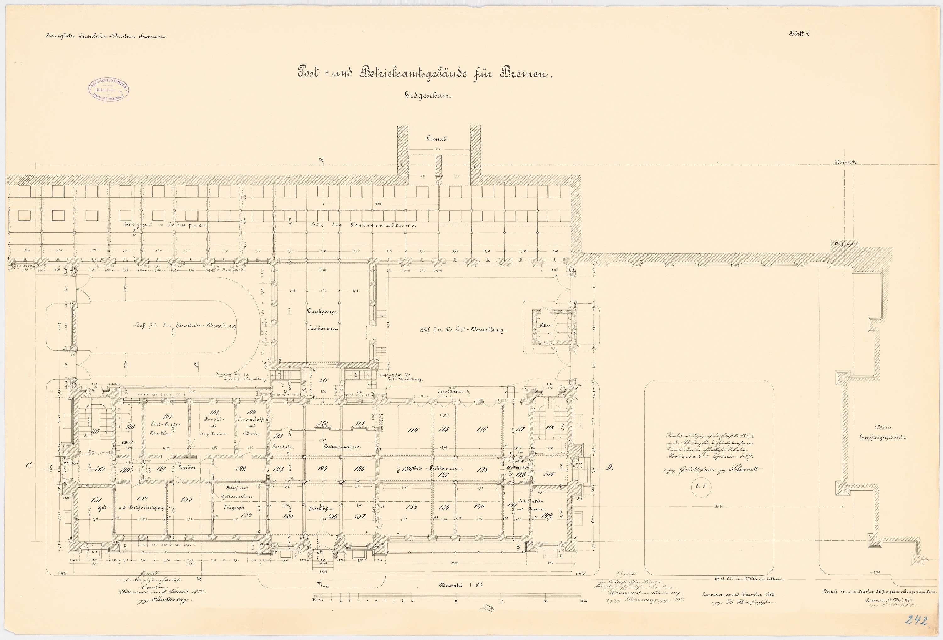 Grundriss des Bremer Museumsgebäudes mit zahlreichen Fenstern und begleitendem Text auf Papier.