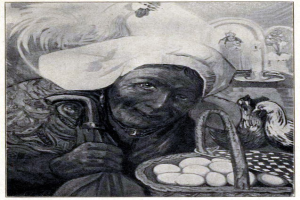 Eine ältere Frau mit einem Korb voller Eier steht zwischen ein paar Hühnern, mit Text am unteren Bildrand.