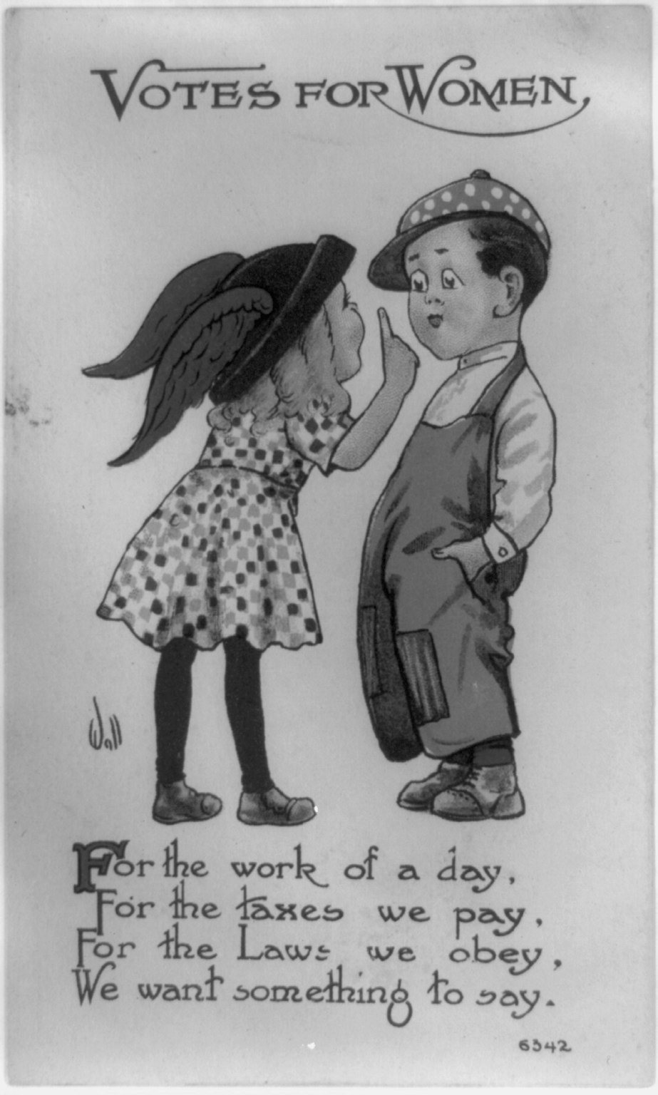 Eine Schwarz-Weiß-Zeichnung eines Jungen und eines Mädchens, die nebeneinander stehen und 'Stimmen für Frauen' darüber geschrieben haben, beide mit menschlichen Gesichtern.