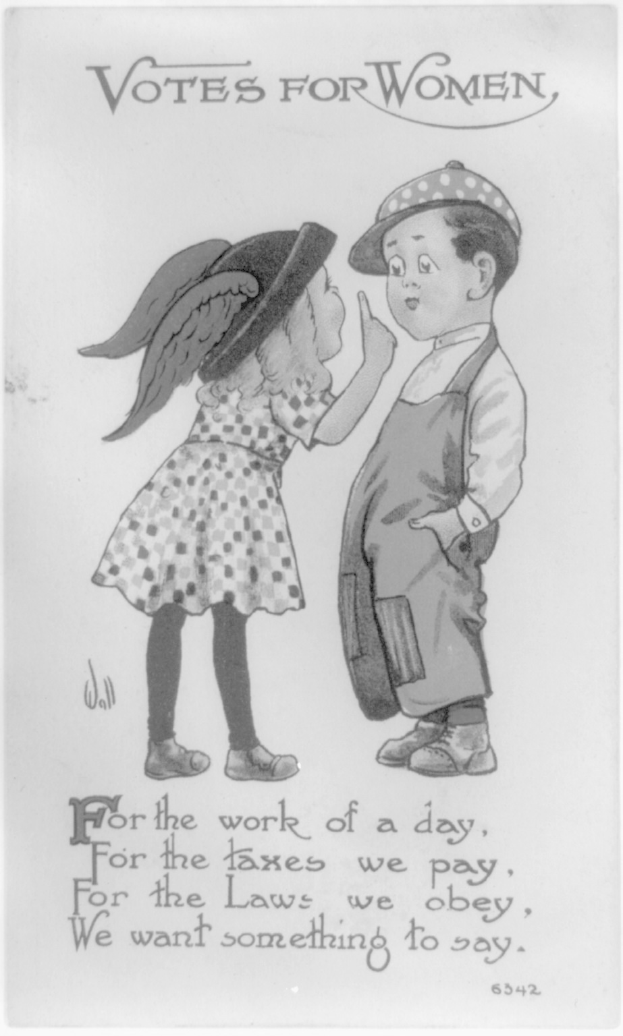 Eine Schwarz-Weiß-Zeichnung eines Jungen und eines Mädchens, die nebeneinander stehen und 'Stimmen für Frauen' darüber geschrieben haben, beide mit menschlichen Gesichtern.