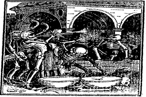 Eine Schwarz-Weiß-Zeichnung von Skeletten in mittelalterlicher Kleidung, mit einem Gebäude im Hintergrund und Text unten.