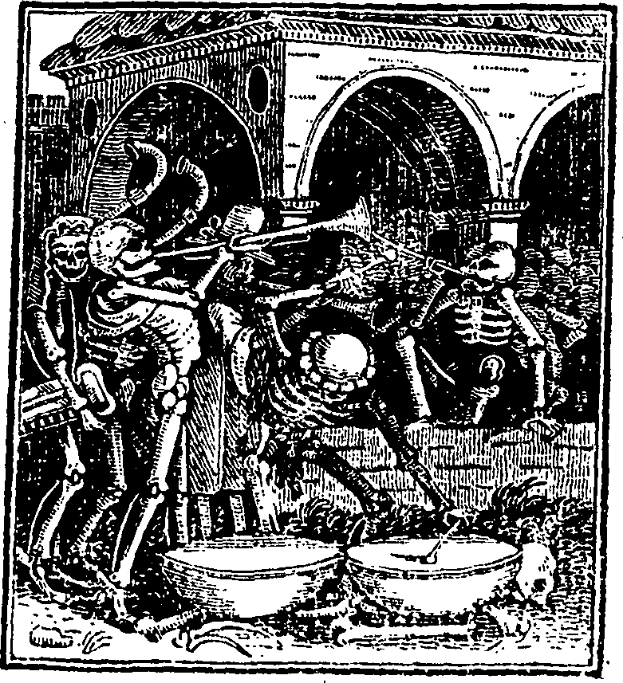 Eine Schwarz-Weiß-Zeichnung von Skeletten in mittelalterlicher Kleidung, mit einem Gebäude im Hintergrund und Text unten.