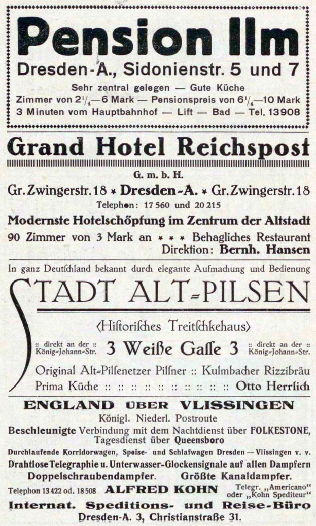 Eine alte Zeitungsanzeige für die Pension Inn in Dresden, Deutschland, mit schwarzem Text auf weißem Hintergrund.
