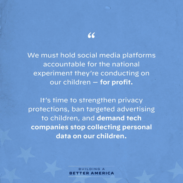 Plakat mit einem Zitat aus Building a Better America, das soziale Medienplattformen für die experimentelle Nutzung von Kindern zur Gewinnmaximierung zur Rechenschaft ziehen soll, dekoriert mit Sternen.