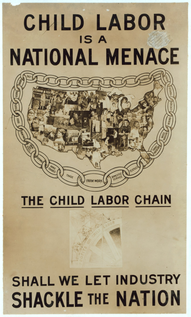 Plakat mit der Aufschrift "Kinderaert ist eine nationale Gefahr - Sollen wir die Industrie das Land fesseln lassen" in fetter schwarzer Schrift auf weißem Hintergrund, das eine vielseitige Gruppe von Menschen zeigt, die gemeinsam stehen