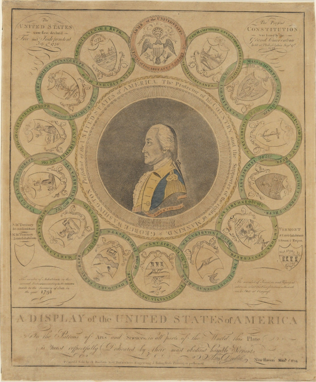 Ein Blatt Papier mit einem Porträt von George Washington in der Mitte, umgeben von einem kreisförmigen Display von US-Münzen mit verschiedenen Designs und begleitendem Text.