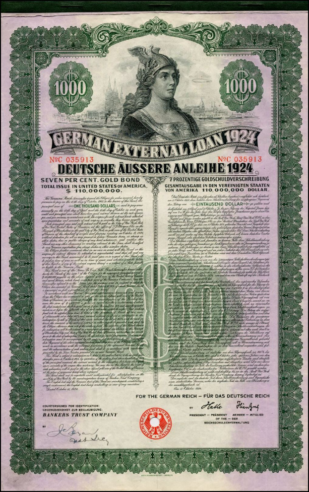 Deutsches Auslandsdarlehen-Zertifikat aus dem Jahr 1924 mit einer Frauendarstellung, bedrucktem Text und numerischen Denominationen.
