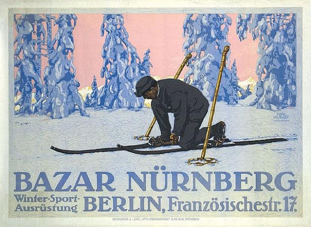 Ein Plakat f├╝r den Bazar N├╝rnberg Winter Sport in Berlin, Deutschland, das eine Person auf Skiern mit Skist├Âcken in der Hand zeigt, mit B├Ąumen im Hintergrund und Text, der das Ereignis beschreibt.