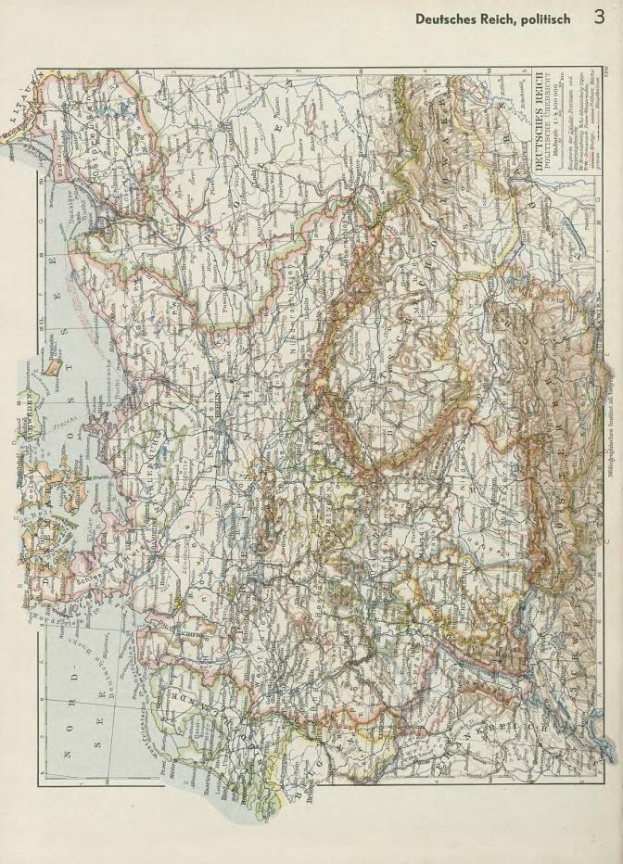 Eine Karte von Deutschland aus dem 19. Jahrhundert, die die politischen Grenzen des Landes zeigt, gedruckt auf Papier mit Text über und über.