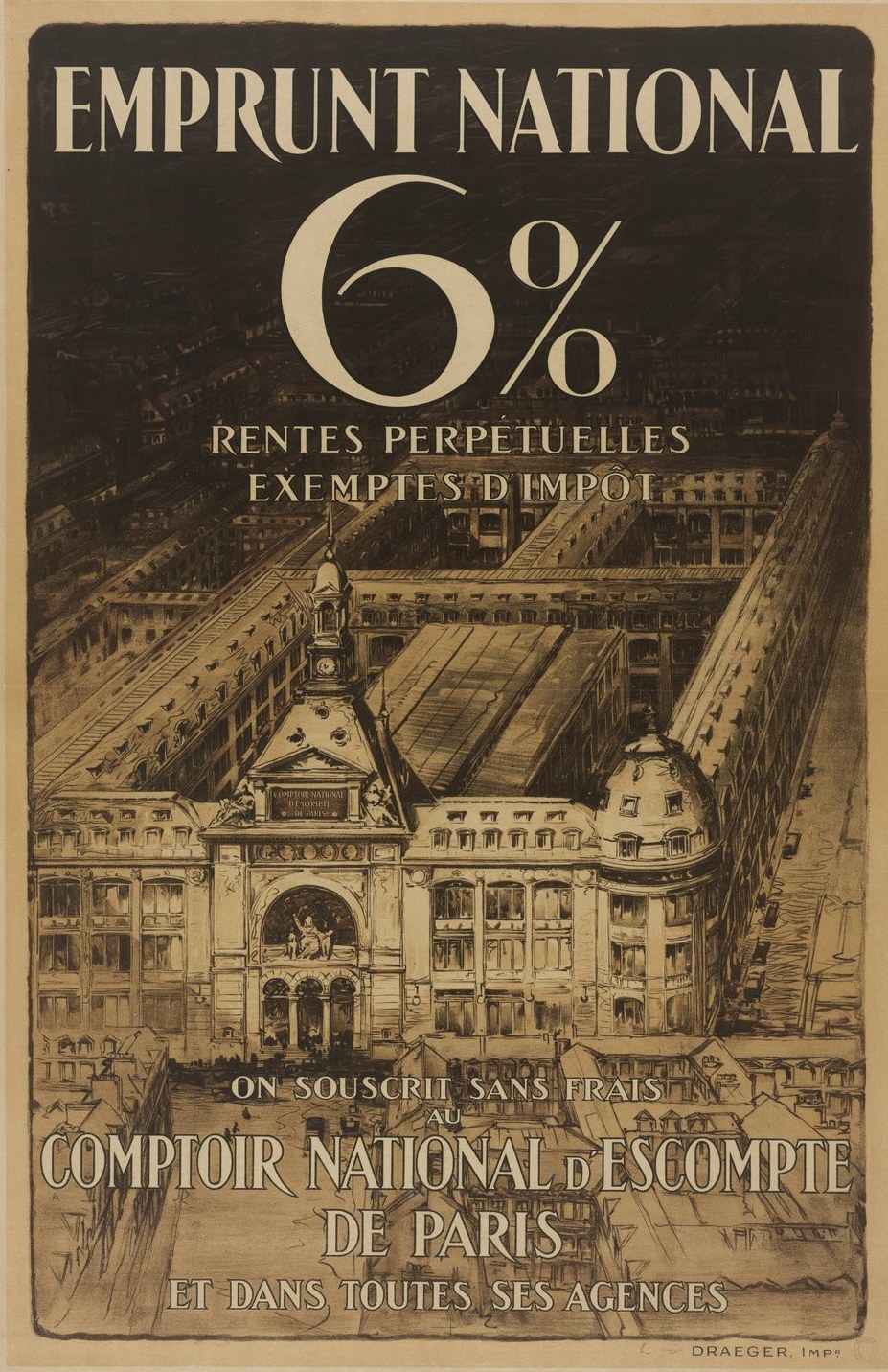 Plakat, das eine "6% nationale Anleihe - steuerfreie lebenslange Renten" mit einem zweistöckigen Gebäude mit rotem Dach und weißen Wänden zeigt, vor einem hellblauen Hintergrund mit fetter schwarzer Schrift.