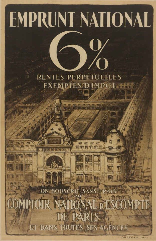 Plakat, das eine "6% nationale Anleihe - steuerfreie lebenslange Renten" mit einem zweistöckigen Gebäude mit rotem Dach und weißen Wänden zeigt, vor einem hellblauen Hintergrund mit fetter schwarzer Schrift.