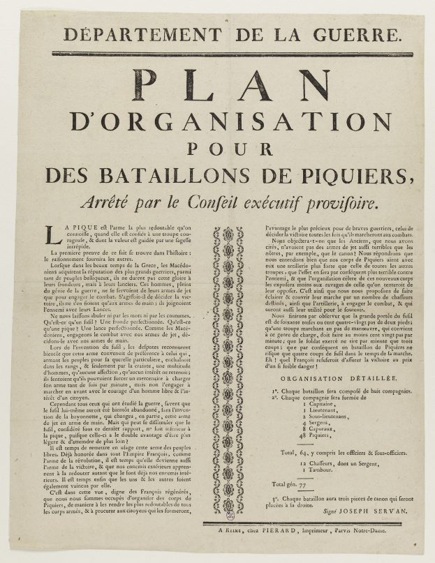 Papier mit gedrucktem Text "Plan d'Organisation pour des Bataillons de Piquiers, Arrété par le Conseil Executif Provifoire"
